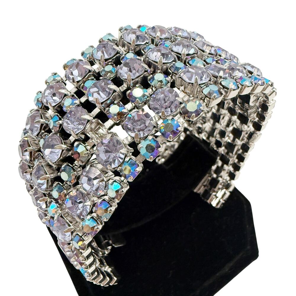 vintage 1.5" wide Rhinestone Bracelet blue iridescent stones women's jewely